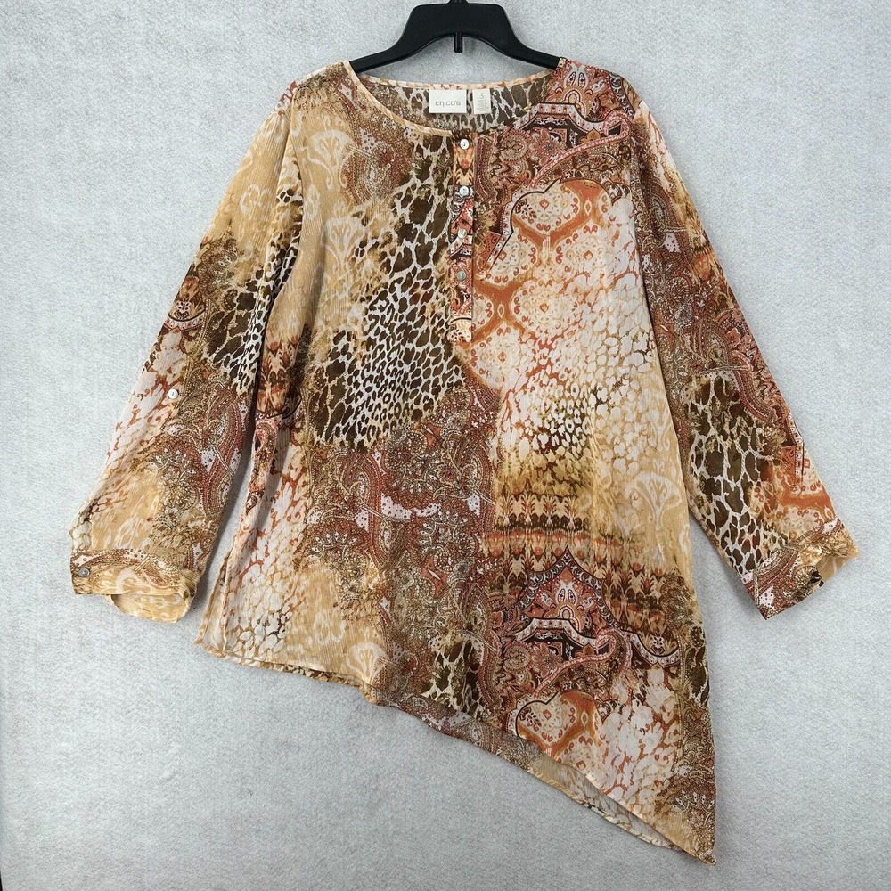 Chicos Tunic Top Women‎ XL Asymmetrical Hem 3/4 Sleeve Leopard Roll Tab Chiffon